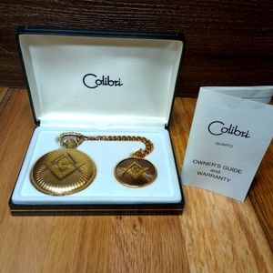 Vintage 24kt Gold Colibri Masonic Pocket watch in original leather box W/Insert